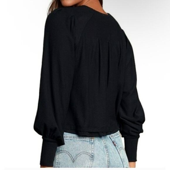 Free People Sz L Billie Ribbed Pleated Top with Blouson Sleeves - Picture 2 of 16